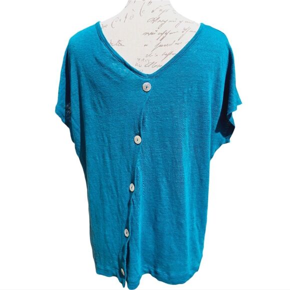 Rachel Zoe -1663 NWOT 100% Linen Asymmetrical Button Back Top Teal Large - Picture 3 of 6
